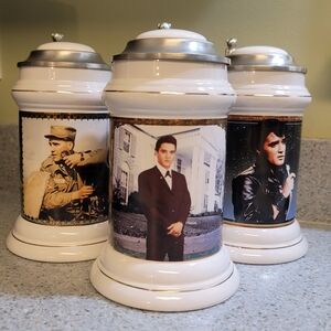 Set Of 3 Elvis PRESLEY Beer Steins - At Graceland, In The Army, Comeback Special